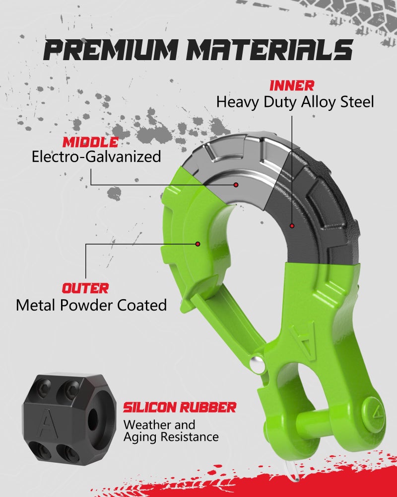 AMBULL 3/8" Winch Hook & Winch Cable Hook Stopper Sets, Heavy Duty Grade 70 Forged Steel Recovery Hook with Safety Latch, Included Allen Wrench,Max 37,478 Lbs, Green - Image 2